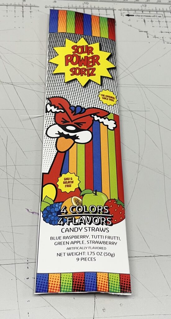 Photograph of 3D mockup of front packaging for Sour Power Sortz redesign