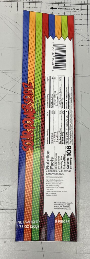 Photograph of 3D mockup of front packaging for Sour Power Sortz redesign