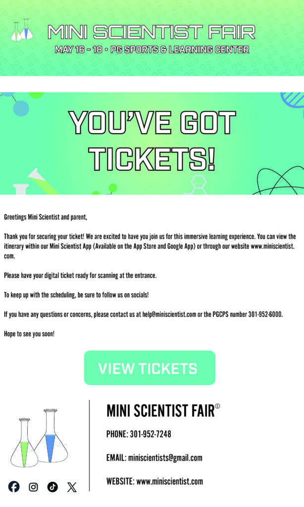 Branding email for Mini Scientists event
