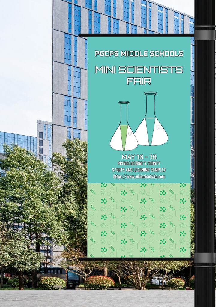 Mockup of Mini Scientists light pole banner in city