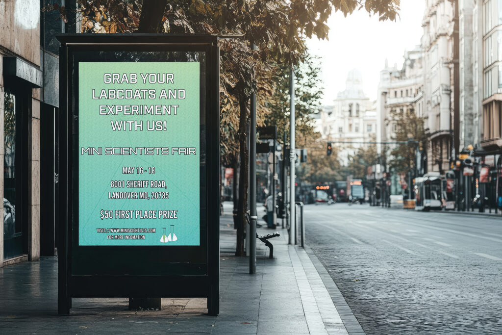 Mockup of Mini Scientists Ad at bus stop in city