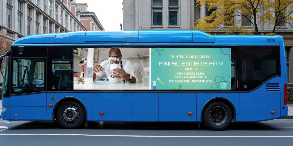 Mini Scientist bus signage, mocked up on a blue bus in the city