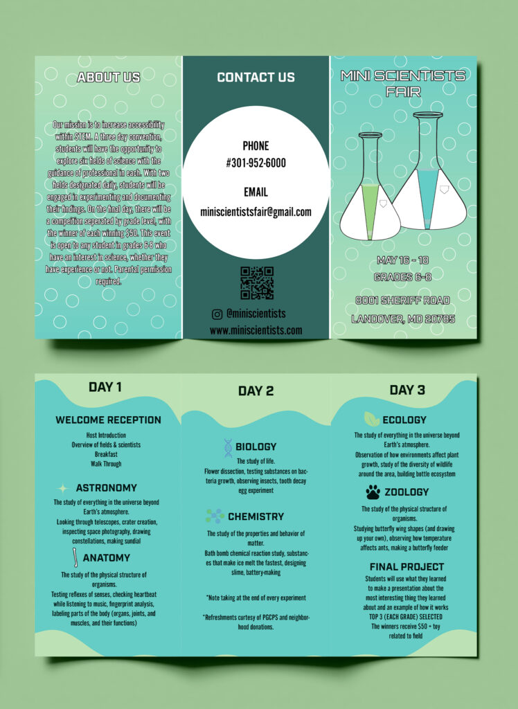 Mockup of Mini Scientists schedule brochure