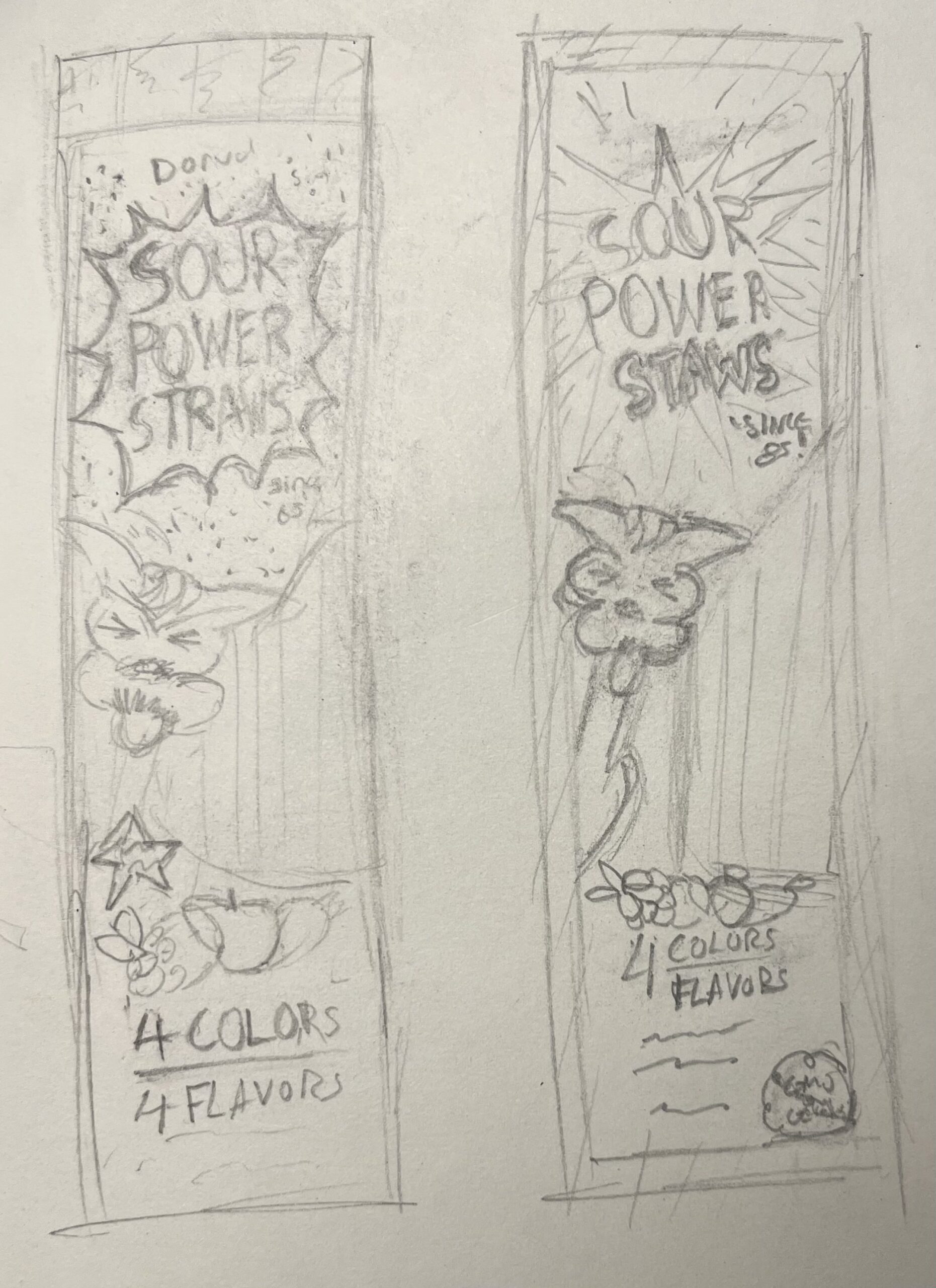 Two sketches of my packaging redesign for Sour Power Sortz