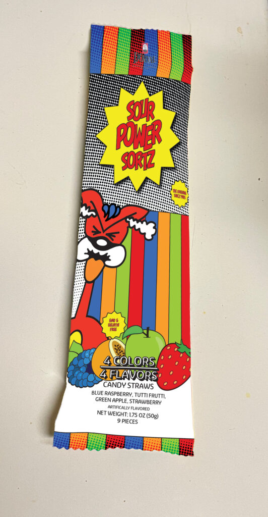 Photograph of digital mockup of front packaging for Sour Power Sortz redesign