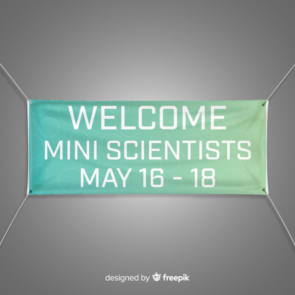 Mockup of Mini Scientists welcome banner against grey wall